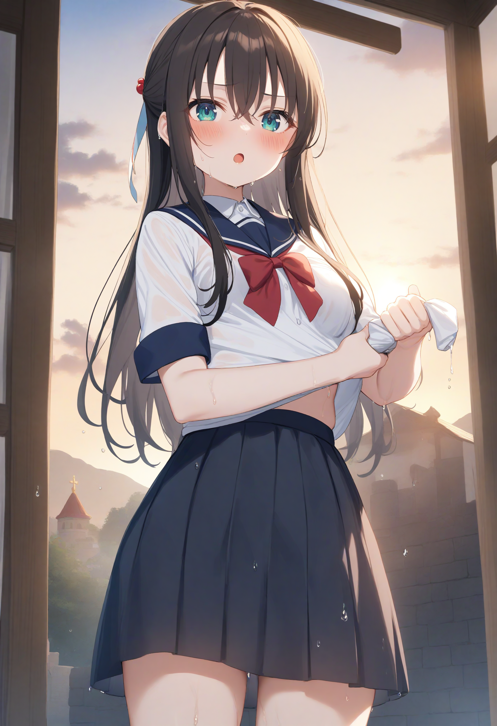1girl,sincos, ningen mame, toosaka asagi,solo,medium breasts,school uniform,
wringing clothes, wet clothes, wet hair, water drop,short sleeves,<lora:wringingclothes_XL_v1:0.8>
ceiling, cowboy shot, looking to the side, purple hair, green eyes,full face blush, monastery, open mouth, french hair,,
best quality, very aesthetic, absurdres