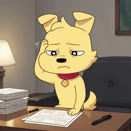 1boy, 2d, solo, Benny, male, anthro, dog, red collar, black eyes, black nose, yellow fur, face tuft, tail, 

BREAK indoors, half closed eyes, bored expression, frown, papers, pen, table lamp, hand holding head

BREAK best quality, amazing quality, very aesthetic, absurdres, newest, masterpiece, high quality, highres