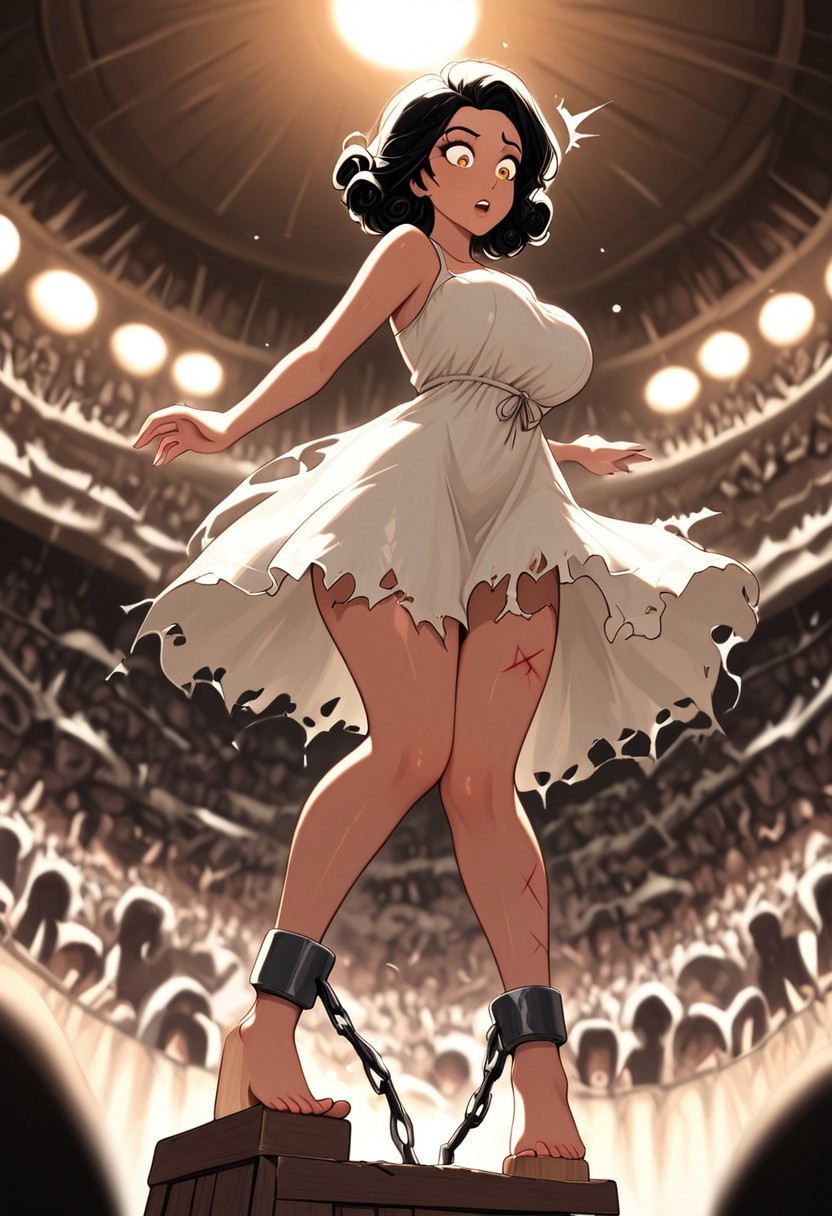 masterpiece, best quality, good quality, very aesthetic, absurdres, newest, 8K, depth of field,  in the style of cknc, artist:moriimee, in the style of cksc, 
1girl, short curly black hair, tangled, amber eyes, dark skin, large breasts, bouncy, ragged linen dress, torn, ankle shackles, bruised thighs, standing on block, hips slumped, shocked expression, looking side, from below
BREAK
bustling market, stone platform, crowd jeers
BREAK
warm light, earthy tones, high contrast, depth of field, soft shadows, rich details, tense gloom