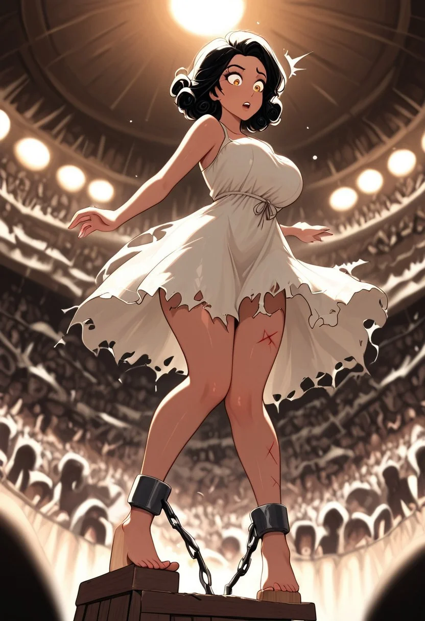masterpiece, best quality, good quality, very aesthetic, absurdres, newest, 8K, depth of field,  in the style of cknc, artist:moriimee, in the style of cksc, 
1girl, short curly black hair, tangled, amber eyes, dark skin, large breasts, bouncy, ragged linen dress, torn, ankle shackles, bruised thighs, standing on block, hips slumped, shocked expression, looking side, from below
BREAK
bustling market, stone platform, crowd jeers
BREAK
warm light, earthy tones, high contrast, depth of field, soft shadows, rich details, tense gloom