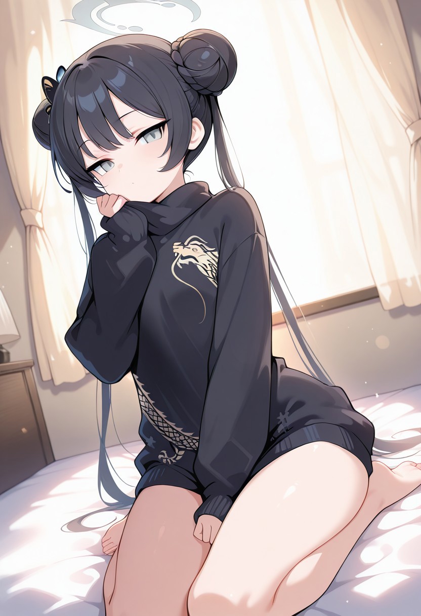 masterpiece, best quality, score_9, score_8_up, score_7_up, soft lighting, dramatic lighting, (backlighting:1.4), 1girl, solo, kisaki \(blue archive\),grey eyes, black hair, double bun, twintails, halo, (baggy sweater, black sweater, knitted sweater:1.1), long sleeves, perfect legs, bare feet, wide hips, thighs, sexy, seductive, perfect body, relaxing, dynamic angle, looking at viewer, narrow eyes, beautiful face, dreamy eyes, bedsheets, curtains,