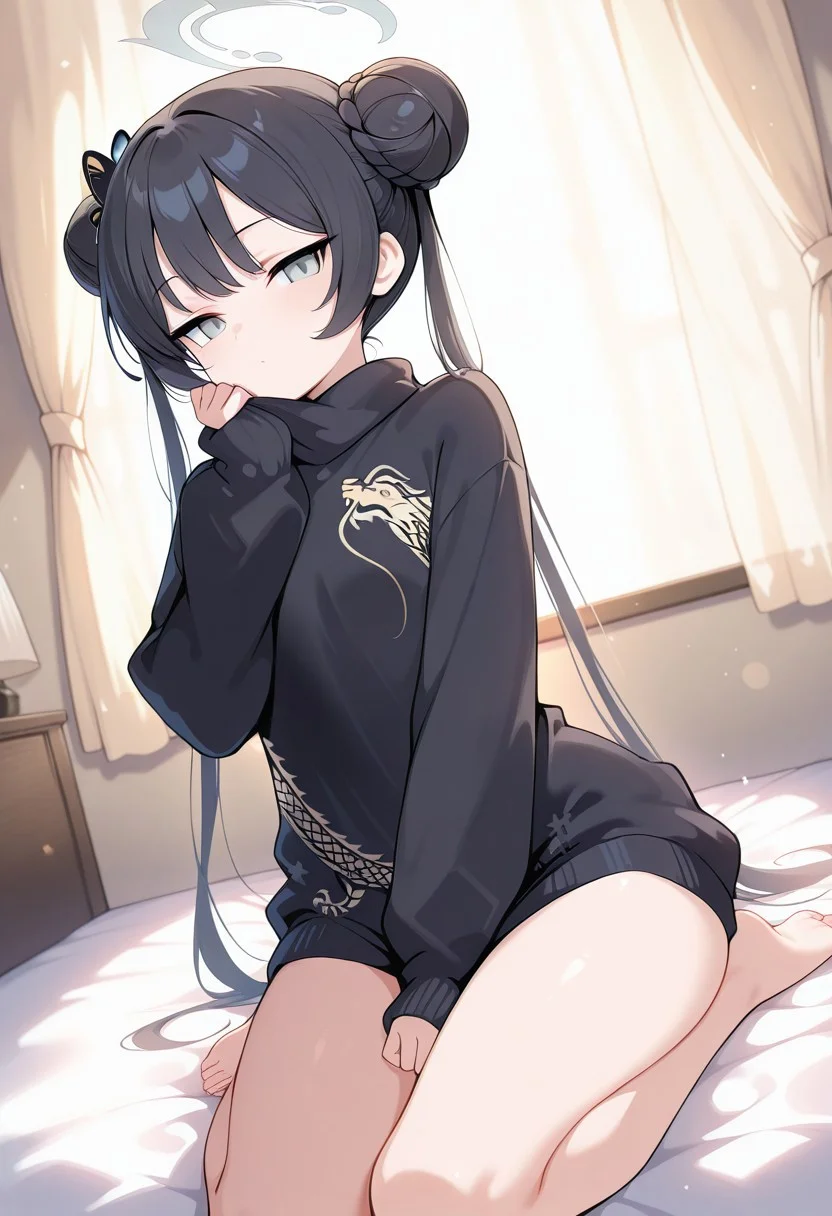 masterpiece, best quality, score_9, score_8_up, score_7_up, soft lighting, dramatic lighting, (backlighting:1.4), 1girl, solo, kisaki \(blue archive\),grey eyes, black hair, double bun, twintails, halo, (baggy sweater, black sweater, knitted sweater:1.1), long sleeves, perfect legs, bare feet, wide hips, thighs, sexy, seductive, perfect body, relaxing, dynamic angle, looking at viewer, narrow eyes, beautiful face, dreamy eyes, bedsheets, curtains,