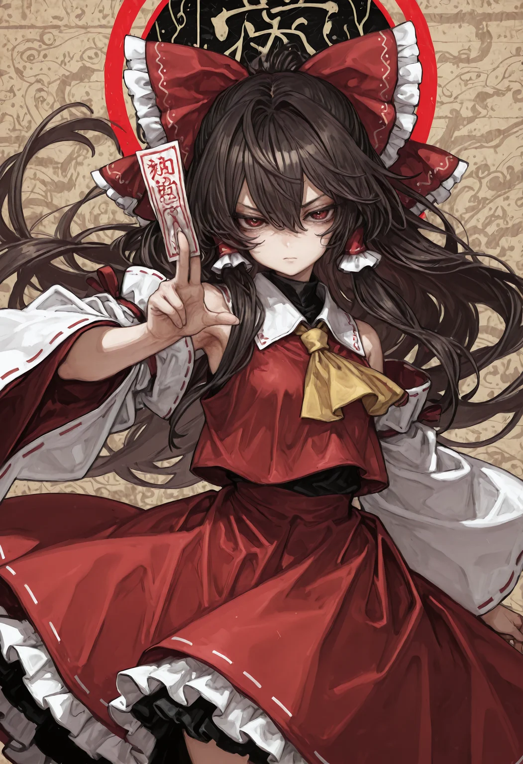 (nyalia:0.8), Yoneyama Mai, (asanagi:0.25),1girl, touhou, ascot, bow, brown hair, detached sleeves, hair between eyes, long hair, long sleeves, ofuda, red bow, red eyes, red skirt, red vest, serious, shirt, skirt, sleeveless, sleeveless shirt, solo, very long hair, vest, white sleeves, wide sleeves, yellow ascot, outstretched hand, looking at viewer, holding, frilled skirt, sidelocks, cowboy shot, white pupils, floating hair, red shirt, bright pupils, v-shaped eyebrows, ofuda between fingers, frilled bow, ribbon-trimmed sleeves, hair bow, between fingers, hair tube, skirt set, closed mouth, petticoat, frilled hair tubes, half-closed eyes, ribbon trim, collared vest,,masterpiece, best quality, newest, absurdres, highres, very awa, detail pupil, detail background <lora:None:1.0> <lora:绯è²äº¤åæ²feel-Artist_Style_Banpai_Akiraæ©æ¯ããã:0.6000000000000001> <lora:canvassolaris_style_LoRA_for-Illustrious:0.8000000000000002> <lora:æ¶å-ebonyxh_style_LoRA_for-Illustrious:0.30000000000000004> <lora:æ¬åºé·å¤ª-Honjou_Raita_Style-IllustriousXL:0.39000000000000007> <lora:éææ³°(åçµé£æ ¼lycoris)-Blade_&_Soul_Style-Illustrious:0.4000000000000001> <lora:ä»äººæ-WorldSaboten_Style-Illustrious:0.3500000000000001>