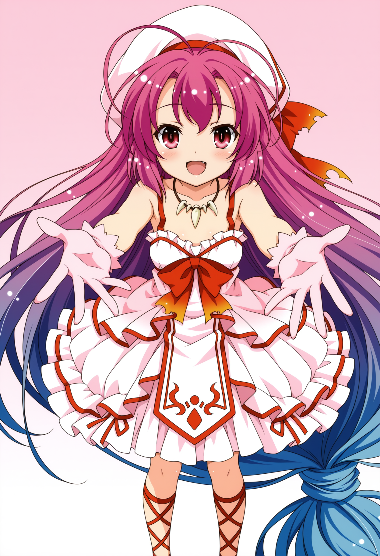 1girl, open mouth, pink hair, white gloves, gradient hair, multicolored hair, ankle lace-up, smile, dress, antenna hair, pink eyes, blue hair, purple hair, absurdly long hair, low-tied long hair, red chest bow, ankle lace-up, pink dress, white frills,sleeveless dress, tabard,   pink gloves, white beret, hair bow, torn bow, tooth necklace, outstretched hand, standing, 
,masterpiece,best quality,amazing quality,
<lora:NoobV065sHyperDmd:.5> <lora:saitohimea_meipaws:1>