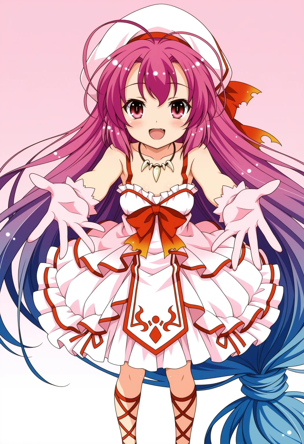 1girl, open mouth, pink hair, white gloves, gradient hair, multicolored hair, ankle lace-up, smile, dress, antenna hair, pink eyes, blue hair, purple hair, absurdly long hair, low-tied long hair, red chest bow, ankle lace-up, pink dress, white frills,sleeveless dress, tabard, pink gloves, white beret, hair bow, torn bow, tooth necklace, outstretched hand, standing,
,masterpiece,best quality,amazing quality,
<lora:NoobV065sHyperDmd:.5> <lora:saitohimea_meipaws:1>