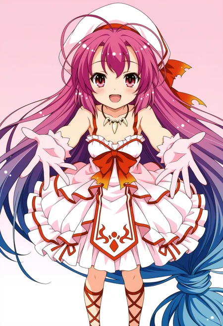 1girl, open mouth, pink hair, white gloves, gradient hair, multicolored hair, ankle lace-up, smile, dress, antenna hair, pink eyes, blue hair, purple hair, absurdly long hair, low-tied long hair, red chest bow, ankle lace-up, pink dress, white frills,sleeveless dress, tabard, pink gloves, white beret, hair bow, torn bow, tooth necklace, outstretched hand, standing,
,masterpiece,best quality,amazing quality,
<lora:NoobV065sHyperDmd:.5> <lora:saitohimea_meipaws:1>