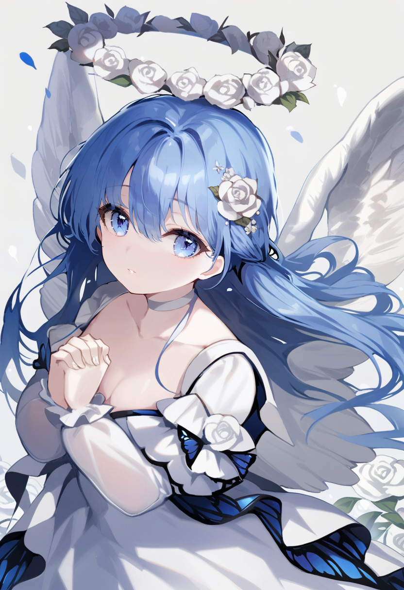 masterpiece, best quality,<lora:OH4XL_ANI31_lokr_V4312:0.95>1girl, solo, dress, own hands together, wings, blue eyes, long hair, white dress, flower, butterfly, blue hair, looking at viewer, bug, long sleeves, white flower, cleavage, breasts, choker, own hands clasped, angel wings, feathered wings, collarbone, hair flower, simple background, parted lips, hair between eyes, puffy sleeves, white wings, white background, hair ornament, floating hair, interlocked fingers, rose, white rose, white choker, halo, closed mouth, petals