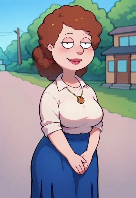 score_9,score_8_up,score_7_up,score_6_up,best quality, 1girl, solo, neighbourhood, houses, tree, blue sky, outdoors,
BREAK
unnamed girl, brown hair, black eyes, (mature female:1.5), (plump:1.2), large breasts, huge hips, white sweater, rolled up sleeves, blue skirt, stockings, own hand together, blush, smile, looking at viewer, long skirt, half-closed eyes, necklace,