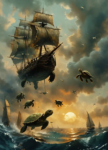 flying turtles accompany a sailing ship,bottom view,8k,<lora:tbh163-sdxl:0.8>,<lora:The_Dark_Side_of_the_Earth:0.5>,