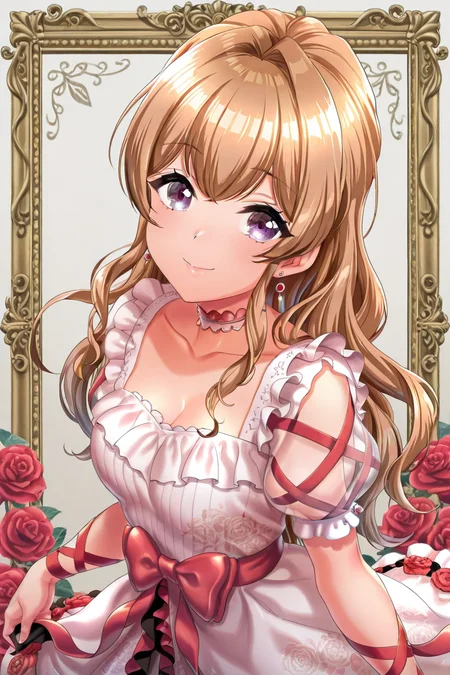 masterpiece, best quality, amazing quality,
 <lora:Kase_IL:1> kase, 1girl, solo, long hair, purple eyes, flower, dress, smile, jewelry, ribbon, rose, looking at viewer, choker, brown hair, earrings, frills, bow, collarbone, hair intakes, short sleeves, red flower, white dress, breasts, frilled dress, altsk