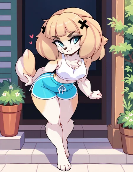 masterpiece, best quality, very aesthetic, absurdres,
outdoors,
standing, posing, 
full body, seductive smile, parted lips, long eyelashes,
<lora:Lillie_v01_NAIXL:1>,
Lillie,1girl,solo,furry female,dog girl,blonde hair,bangs,x hair ornament,blue eyes,freckles,snout,animal nose,body fur,tail,