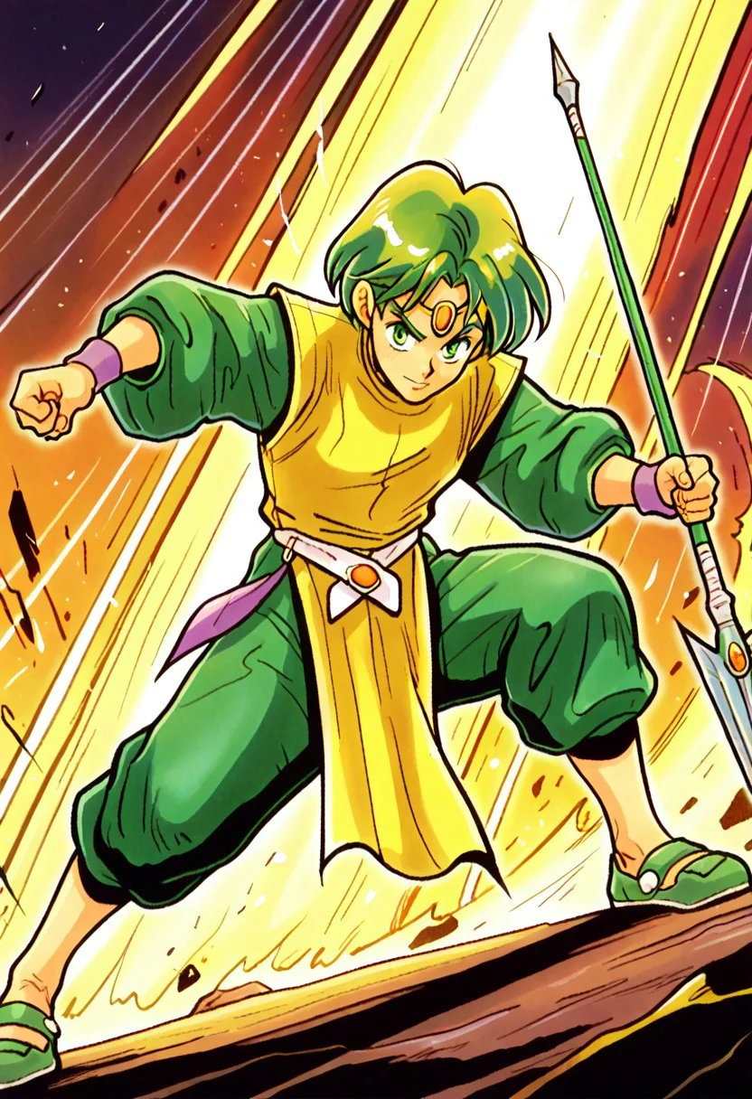 masterpiece, best quality, amazing quality, very aesthetic, absurdres, newest, borgiffl3, 1boy, short green hair, circlet, green eyes, long green pants, long green baggy sleeves, long yellow tabard, purple wristband, white belt, green sandals, spear, holding single spear, action pose, standing