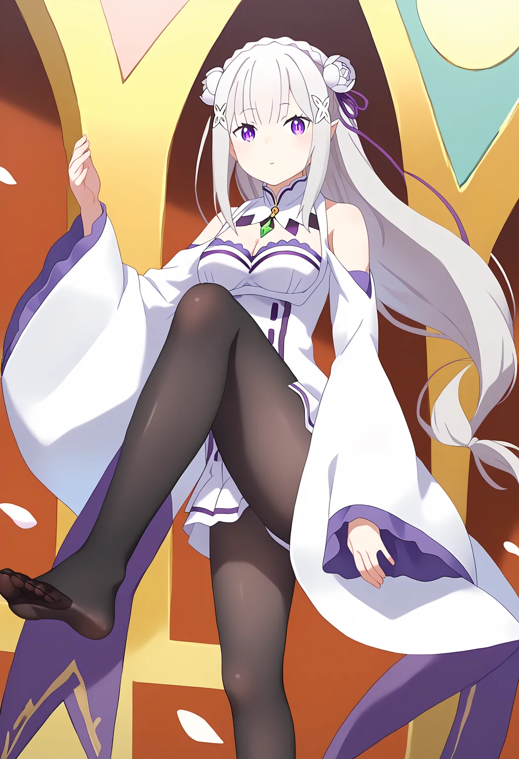 score_9, score_8_up, score_7_up, source_anime,
BREAK
<lora:shiPantyhoseV1:1>, shiblkhose,
black pantyhose, fine fabric emphasis,
1girl, solo, feet, toes, soles,
<lora:shiEmiliaV2:1> shimilia, long hair, grey hair, purple eyes, pointy ears, crown braid, hair flower, hair ribbon, purple ribbon, x hair ornament, white dress, cleavage, bare shoulders, wide sleeves,
looking at viewer, standing, standing on one leg,
