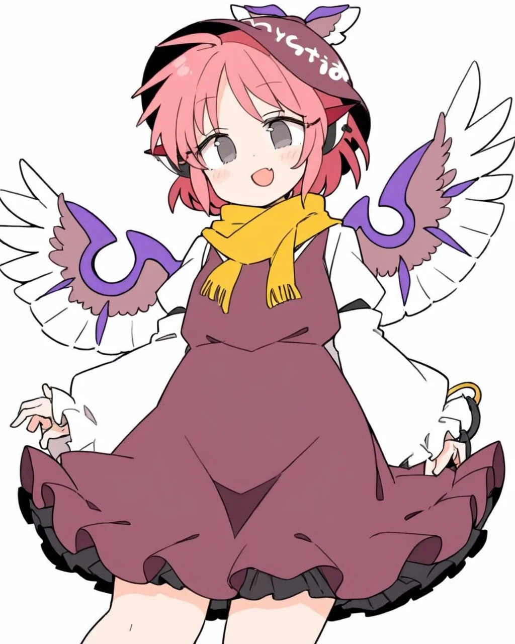 mystia lorelei,1girl, solo, brown_dress, winged_hat, brown_headwear, cropped_legs, open_mouth, white_wings, simple_background, white_background, yellow_scarf, bird_wings, smile, cowboy_shot, frilled_dress, single_earring, skin_fang, hat, frilled_sleeves, looking_at_viewer, juliet_sleeves
<lora:mystia_lorelei_image8444_2023-12-14-000007:1>,star-shaped_pupils,symbol-shaped_pupils,. gorgeous,key visual, vibrant, studio anime,award-winning, professional, highly detailed,high budget, cinemascope