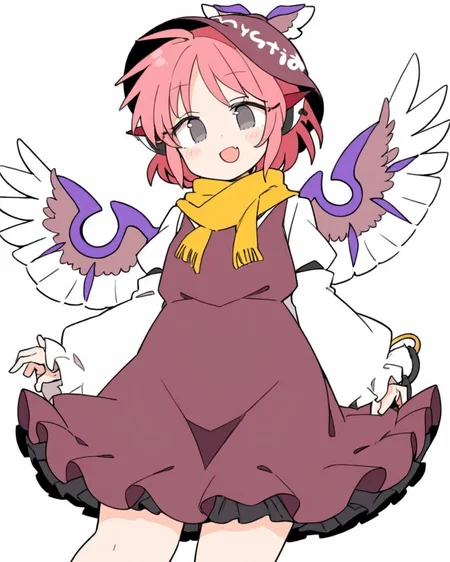 mystia lorelei,1girl, solo, brown_dress, winged_hat, brown_headwear, cropped_legs, open_mouth, white_wings, simple_background, white_background, yellow_scarf, bird_wings, smile, cowboy_shot, frilled_dress, single_earring, skin_fang, hat, frilled_sleeves, looking_at_viewer, juliet_sleeves
<lora:mystia_lorelei_image8444_2023-12-14-000007:1>,star-shaped_pupils,symbol-shaped_pupils,. gorgeous,key visual, vibrant, studio anime,award-winning, professional, highly detailed,high budget, cinemascope