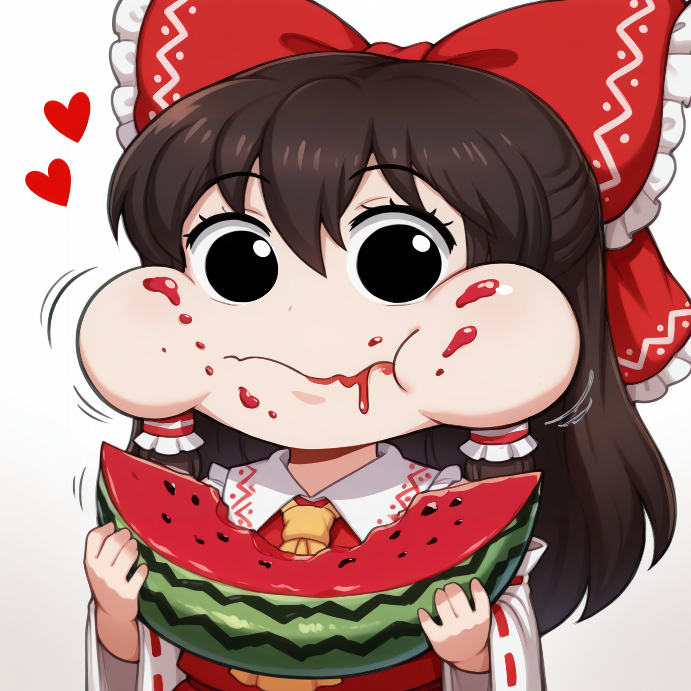 (masterpiece, amazing quality, best quality), <lora:blackwhiplash(bwl)-guy90-Illust-Lycorisv1:1>, blaash, <lora:stuffy_ai_style_illustrious_goofy:0.8>, motion lines, heart, 
hakurei reimu, 1girl, solo, long hair, brown hair, bangs, sidelocks, hair between eyes, 
bow, hair bow, hair tubes, red bow, ascot, frilled bow, yellow ascot, ribbon-trimmed detached wide sleeves,
black eyes, looking at viewer, 
simple background, white background, 
 <lora:watermelon_reimu:1>, chibi style, exaggerated eyes, exaggerated expression, puffed cheeks, full cheeks, eating, stuffed mouth, food stains, food on face, drooling, cute, comedic expression, silly face, cartoonish, round eyes, closed mouth, chewing, munching, holding, holding watermelon, watermelon, eating, food in hands, meme face, funny face, meme,