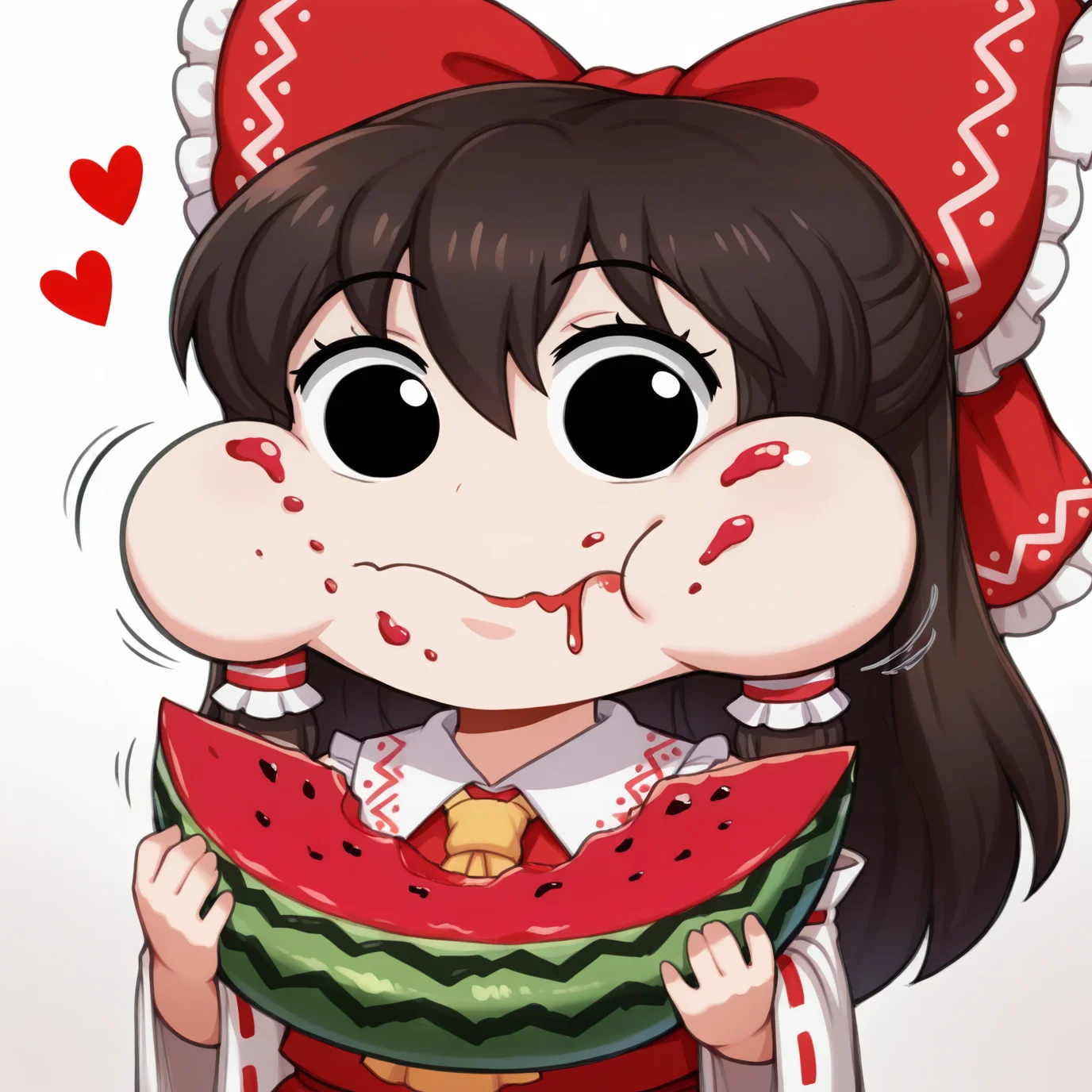 (masterpiece, amazing quality, best quality), <lora:blackwhiplash(bwl)-guy90-Illust-Lycorisv1:1>, blaash, <lora:stuffy_ai_style_illustrious_goofy:0.8>, motion lines, heart,
hakurei reimu, 1girl, solo, long hair, brown hair, bangs, sidelocks, hair between eyes,
bow, hair bow, hair tubes, red bow, ascot, frilled bow, yellow ascot, ribbon-trimmed detached wide sleeves,
black eyes, looking at viewer,
simple background, white background,
<lora:watermelon_reimu:1>, chibi style, exaggerated eyes, exaggerated expression, puffed cheeks, full cheeks, eating, stuffed mouth, food stains, food on face, drooling, cute, comedic expression, silly face, cartoonish, round eyes, closed mouth, chewing, munching, holding, holding watermelon, watermelon, eating, food in hands, meme face, funny face, meme,