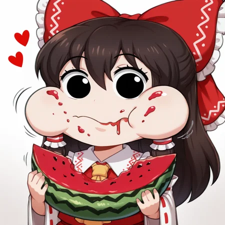 (masterpiece, amazing quality, best quality), <lora:blackwhiplash(bwl)-guy90-Illust-Lycorisv1:1>, blaash, <lora:stuffy_ai_style_illustrious_goofy:0.8>, motion lines, heart,
hakurei reimu, 1girl, solo, long hair, brown hair, bangs, sidelocks, hair between eyes,
bow, hair bow, hair tubes, red bow, ascot, frilled bow, yellow ascot, ribbon-trimmed detached wide sleeves,
black eyes, looking at viewer,
simple background, white background,
<lora:watermelon_reimu:1>, chibi style, exaggerated eyes, exaggerated expression, puffed cheeks, full cheeks, eating, stuffed mouth, food stains, food on face, drooling, cute, comedic expression, silly face, cartoonish, round eyes, closed mouth, chewing, munching, holding, holding watermelon, watermelon, eating, food in hands, meme face, funny face, meme,