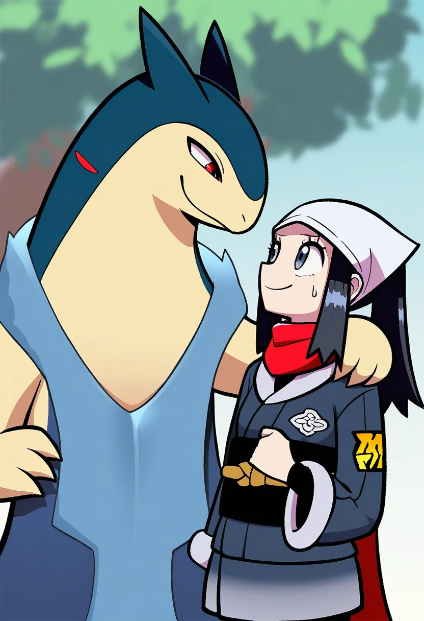 (masterpiece, best quality), akari \(pokemon\), 2024 pokemon gigaleak, akakichi no eleven redraw, nintendo, pokemon, luichemax, badger, generation 2 pokemon, human, mammal, mustelid, musteline, pokemon \(species\), typhlosion, blue body, blue fur, bodily fluids, claws, clothed, clothing, duo, female, feral, fur, hand on shoulder, headgear, looking at another, male, outside, plant, smile, sweat, tan body, tan fur, tree, uhoh