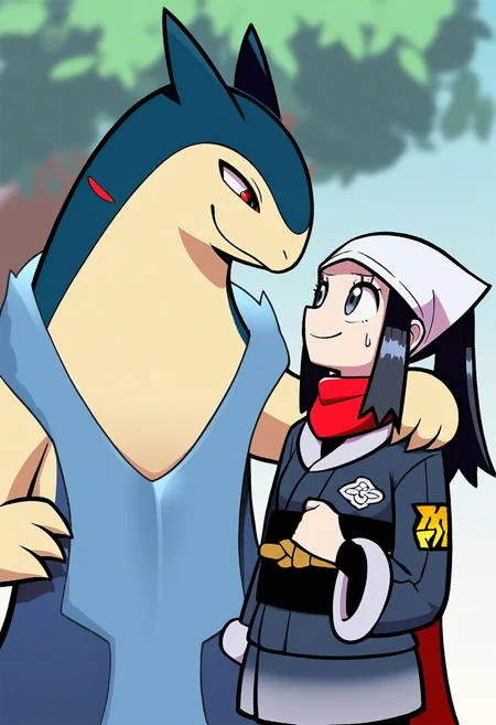 (masterpiece, best quality), akari \(pokemon\), 2024 pokemon gigaleak, akakichi no eleven redraw, nintendo, pokemon, luichemax, badger, generation 2 pokemon, human, mammal, mustelid, musteline, pokemon \(species\), typhlosion, blue body, blue fur, bodily fluids, claws, clothed, clothing, duo, female, feral, fur, hand on shoulder, headgear, looking at another, male, outside, plant, smile, sweat, tan body, tan fur, tree, uhoh
