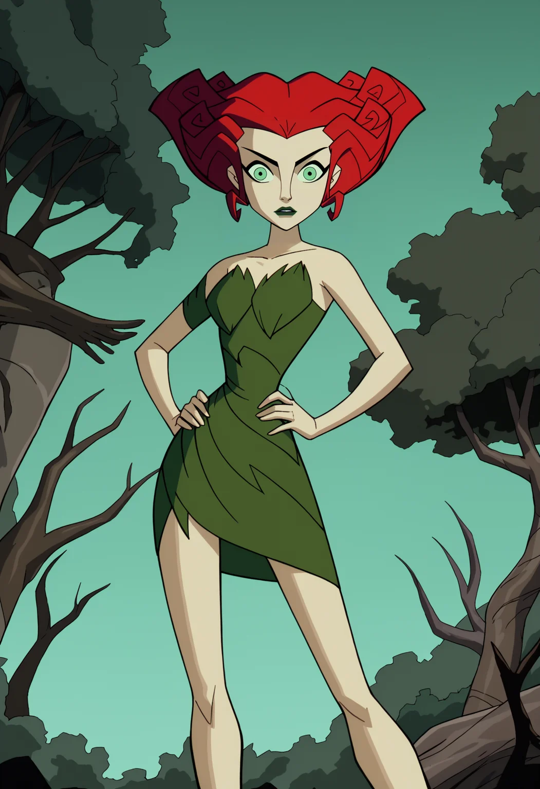 score_9, score_8_up, score_7_up, BREAK,
1girl, poisonivy, red hair, green eyes, lipstick,
strapless dress, pale green skin, bare shoulders,
hands on hips, standing, solo, looking at viewer,
trees, dark jungle background <lora:PoisonIvyPDXL_byKonan:1>