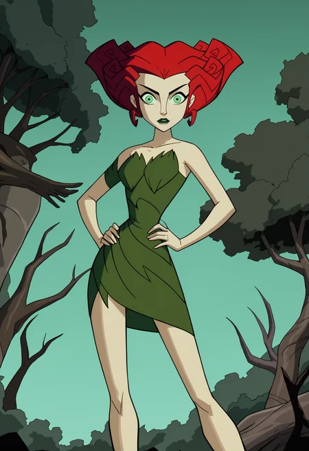 score_9, score_8_up, score_7_up, BREAK,
1girl, poisonivy, red hair, green eyes, lipstick,
strapless dress, pale green skin, bare shoulders,
hands on hips, standing, solo, looking at viewer,
trees, dark jungle background <lora:PoisonIvyPDXL_byKonan:1>
