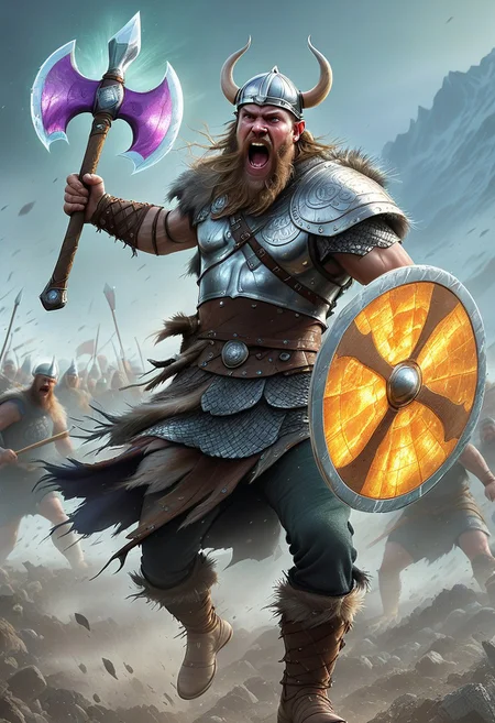 flu0rite, iridiscent, VALHERO viking warrior wearing armor holding a fluorite and running 
and yelling  mineral axe during the Battle of Ragnarok
