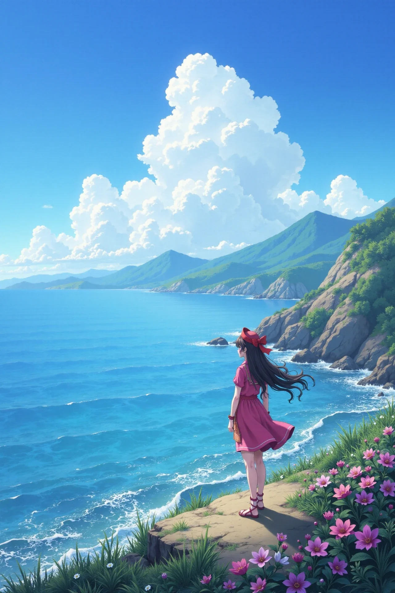sea beautiful  landscape, day, woman, very intricate, very detailed, sharp, bright, colorful, <lora:Hand v2:0.5> <lora:Anti-Blur:1><lora:Insane Detail Slider:0.25>  <lora:flux.1_lora_flyway_Epic-detail_v2:0.3> <lora:fluxenhancer:0.25>   <lora:anime_retro:1> anime_martz, anime_retro