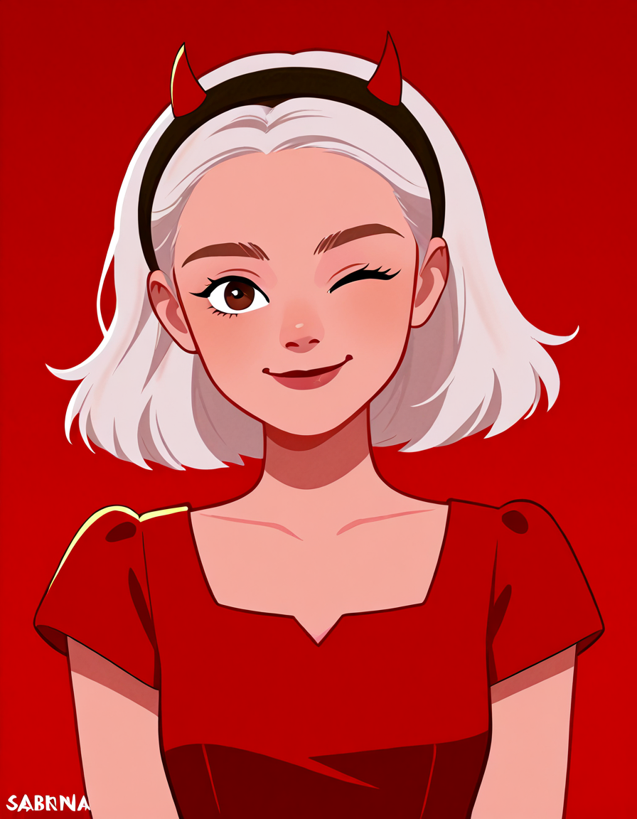 <lora:SabrinaIllustrious1.00JLFO:0.8> Sabrina, 1girl, solo, red background, one eye closed, hairband, horns, smile, white hair, dress, looking at viewer, black hairband, red dress, upper body, artist name, brown eyes