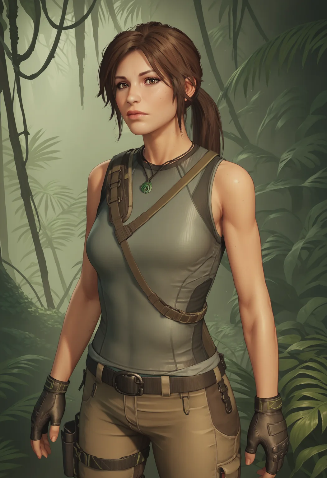 score_9, score_8_up, score_7_up, score_6_up, score_5_up, score_4_up, 1girl, <lora:LaraCroftSOTTR:0.85> solo, breasts, brown eyes, ponytail, brown hair, lips, sleeveless, fingerless gloves, pants, belt, jewelry, pendant, looking at viewer,
jungle background,