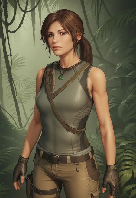 score_9, score_8_up, score_7_up, score_6_up, score_5_up, score_4_up, 1girl, <lora:LaraCroftSOTTR:0.85> solo, breasts, brown eyes, ponytail, brown hair, lips, sleeveless, fingerless gloves, pants, belt, jewelry, pendant, looking at viewer,
jungle background,