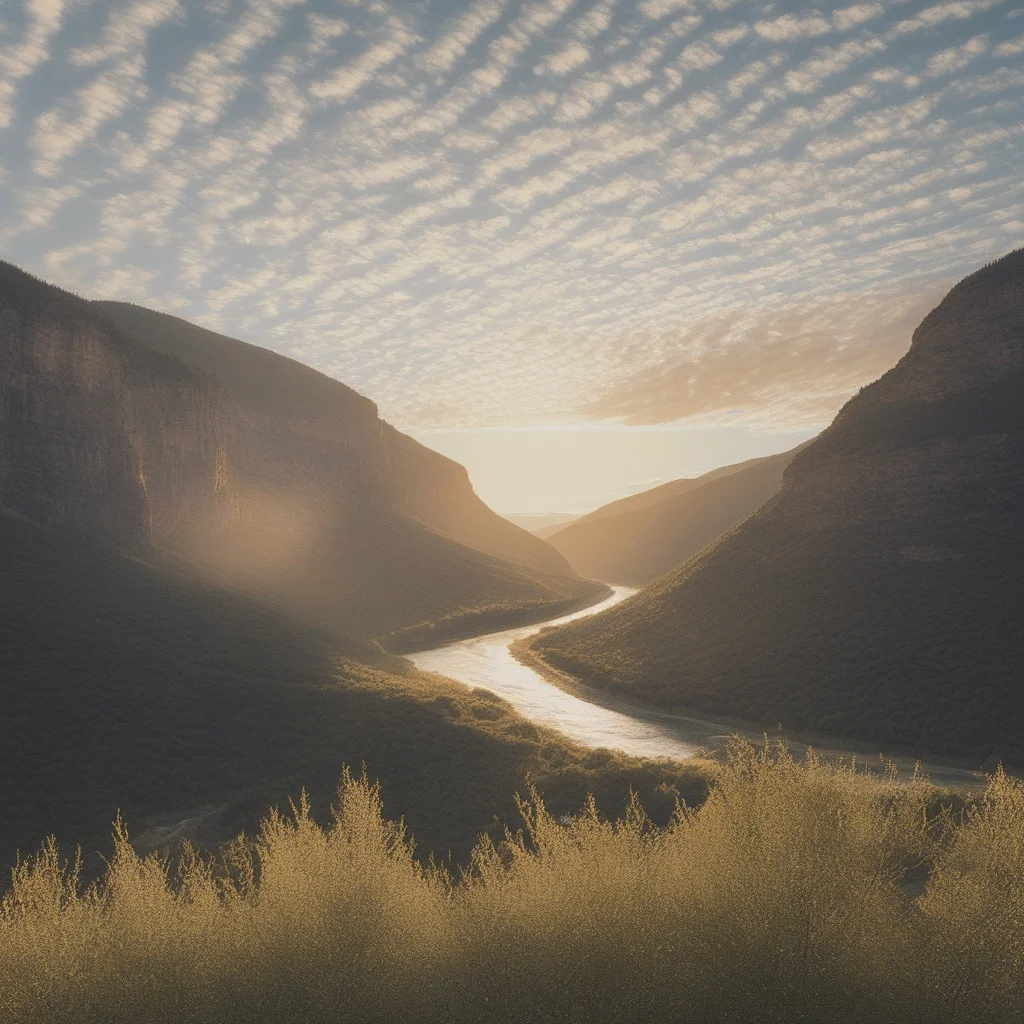 raw, photo, realistic, Movie Still, Film Still, Cinematic, Cinematic Shot, Cinematic Lighting, golden hour, noon, best quality, masterpiece, mountain valley, cliffs, river, wild flora, Cirrocumulus clouds,
