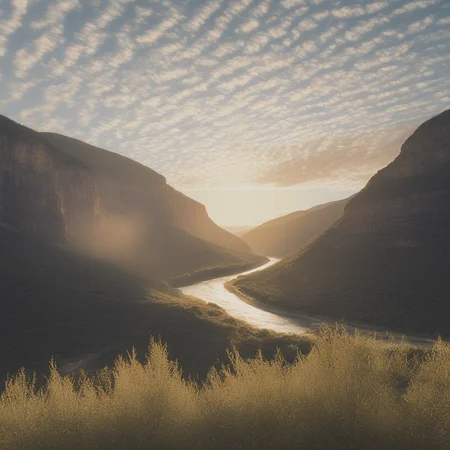 raw, photo, realistic, Movie Still, Film Still, Cinematic, Cinematic Shot, Cinematic Lighting, golden hour, noon, best quality, masterpiece, mountain valley, cliffs, river, wild flora, Cirrocumulus clouds,
