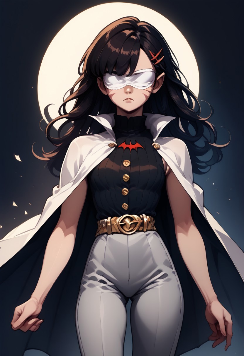 score_9, score_8_up, score_7_up, score_6_up, score_5_up, score_4_up, Sickle_30s holding a katana, 1girl, solo, brown hair, white tight cloak, white blindfold, black formal shirt, gold belt, teenager, grey pants, expressionless, facing right, gold buttons, two-handed_grip, bat logo, caucasian skin