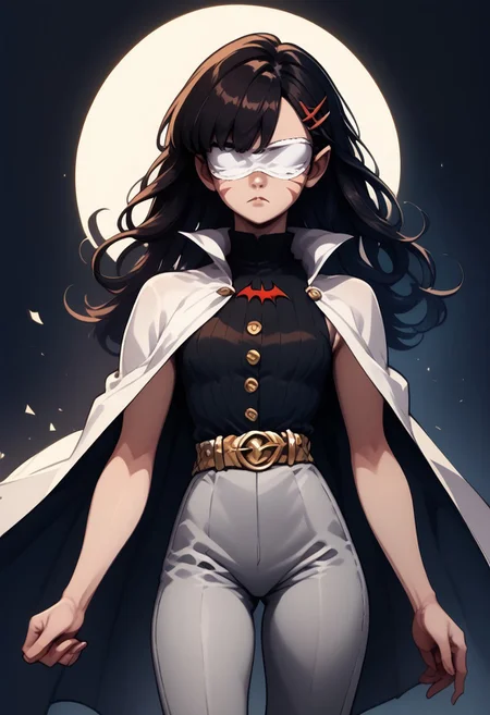 score_9, score_8_up, score_7_up, score_6_up, score_5_up, score_4_up, Sickle_30s holding a katana, 1girl, solo, brown hair, white tight cloak, white blindfold, black formal shirt, gold belt, teenager, grey pants, expressionless, facing right, gold buttons, two-handed_grip, bat logo, caucasian skin