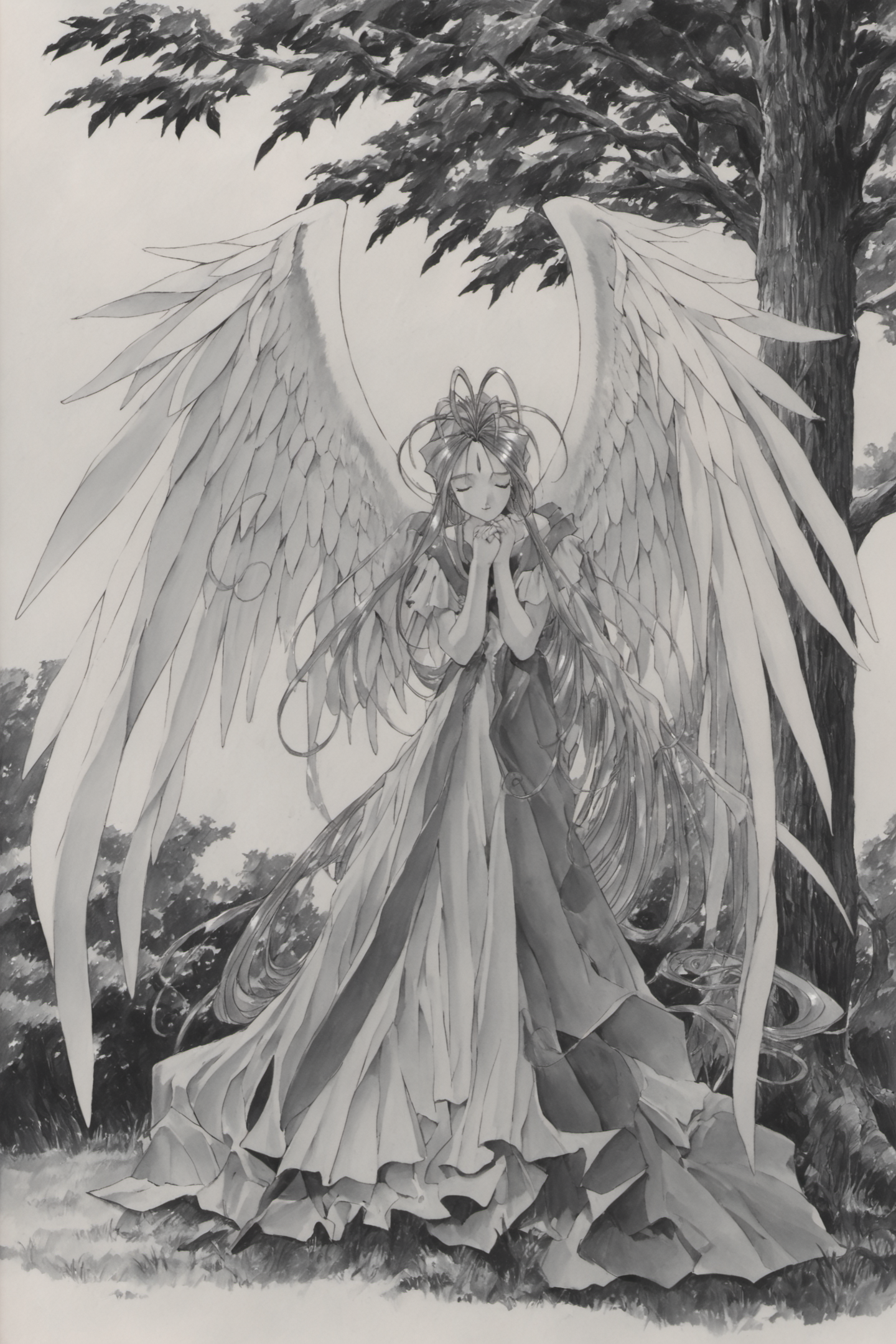 Belldandy,greyscale,monochrome,long hair,wings,1girl,dress,closed eyes,solo,1990s (style),retro artstyle,own hands together,angel wings,nature,own hands clasped,dress,very long hair,tree,full body,outdoors,traditional media,score_9,score_8_up,<lora:Kosuke Fujishima_XL_PONY_OM:0.8>,