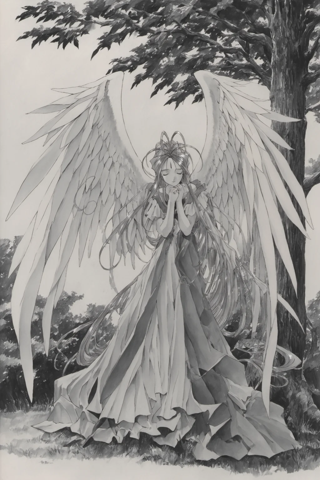 Belldandy,greyscale,monochrome,long hair,wings,1girl,dress,closed eyes,solo,1990s (style),retro artstyle,own hands together,angel wings,nature,own hands clasped,dress,very long hair,tree,full body,outdoors,traditional media,score_9,score_8_up,<lora:Kosuke Fujishima_XL_PONY_OM:0.8>,