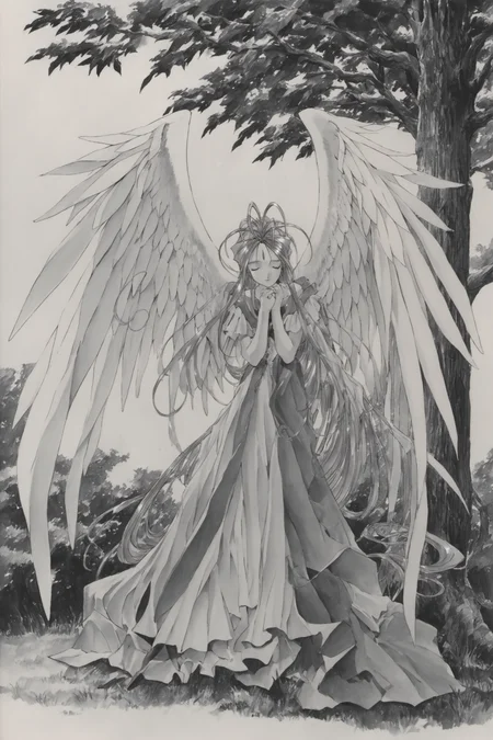 Belldandy,greyscale,monochrome,long hair,wings,1girl,dress,closed eyes,solo,1990s (style),retro artstyle,own hands together,angel wings,nature,own hands clasped,dress,very long hair,tree,full body,outdoors,traditional media,score_9,score_8_up,<lora:Kosuke Fujishima_XL_PONY_OM:0.8>,