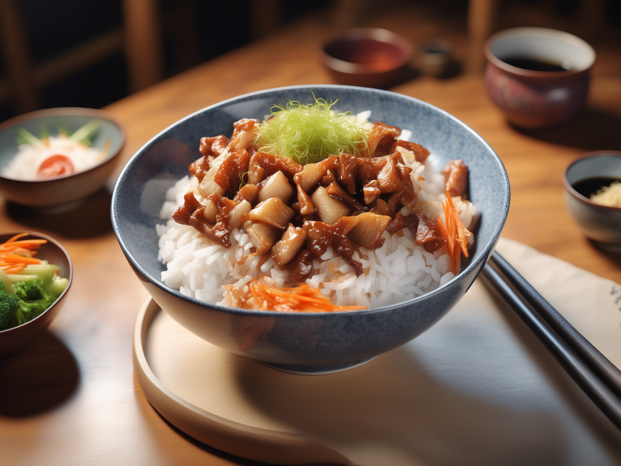 raw photo,A high-resolution, hyper-realistic image of a bowl of delicious Robabon, a popular dish in Asian cuisine. The Robabon is cooked to perfection, with a sticky and thick texture. It's topped with a variety of colorful vegetables and meat, creating a vibrant and appetizing display. The bowl is placed on a rustic wooden table, with a pair of chopsticks resting on the side. The scene is set in a homey kitchen environment, with all elements in sharp focus, creating a clear and detailed image. The lighting should be natural and soft, highlighting the appetizing qualities of the Robabon and the cozy atmosphere of the setting,  <lora:robabon:0.7>,robabon