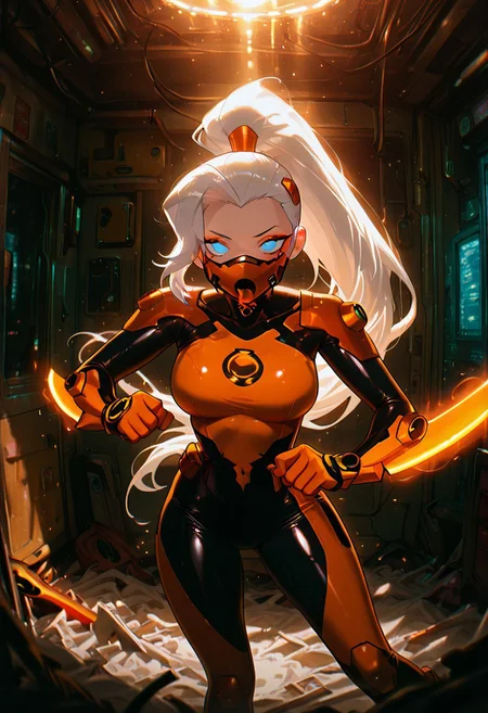 masterpiece, best quality, amazing quality, very aesthetic, absurdres, newest, ((screencap, parody, cartoon))
drewsat, 1girl, long hair, white hair, ponytail, blue eyes, makeup, lipstick, eyeshadow, 
armor,, orange bodysuit
expressive face, 
cyberpunk city, cyberpunk scene, futuristic mouth mask, mouth mask, futuristic mask, orange mask, arm blade, glowing orange blade, dynamic pose, inside room, dark room, messy room,