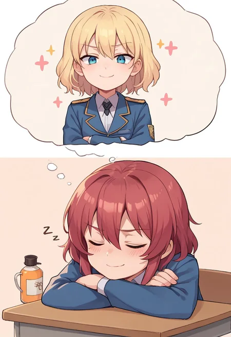 score_9, score_8_up, score_7_up, source_anime, sleeping, [sitting], (head on desk), dreaming, female blonde hair, uniform, dreaming of other, dreaming of handsome man, male crimson hair, crossed arms, smug, light background, clouds
