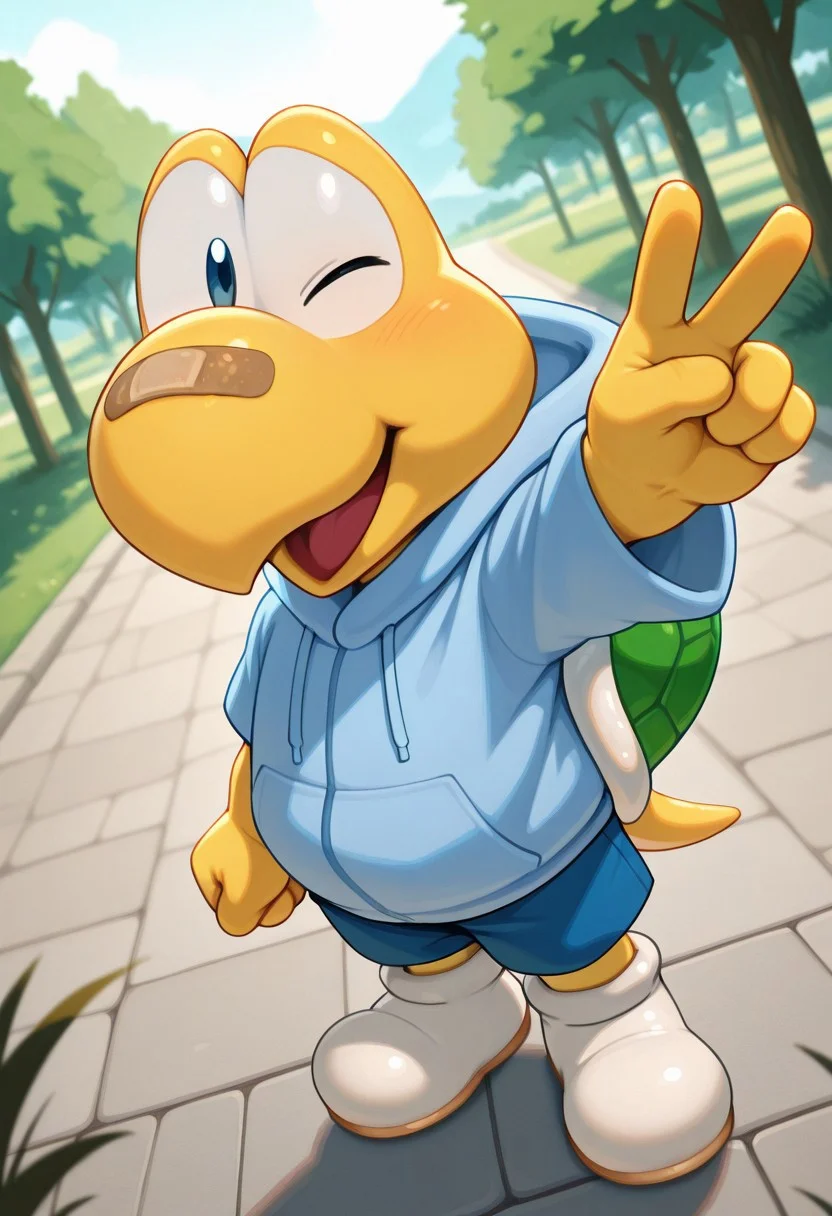 masterpiece, best quality, amazing quality, outdoors, male, anthro, k00ps, koopa troopa, blue hoodie, blue short, white shoes, bandaid on nose, shortstack, hand peace sign, happy, wink, looking at viewer, dutch angle