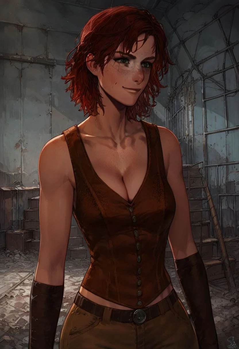 Score_9_up, score_8_up, score_7_up, 1girl, cait, solo, red hair, green eyes, vest, leather arm wrap, pants, freckles, cleavage, smirk, abandoned warehouse, Expressiveh