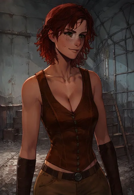 Score_9_up, score_8_up, score_7_up, 1girl, cait, solo, red hair, green eyes, vest, leather arm wrap, pants, freckles, cleavage, smirk, abandoned warehouse, Expressiveh
