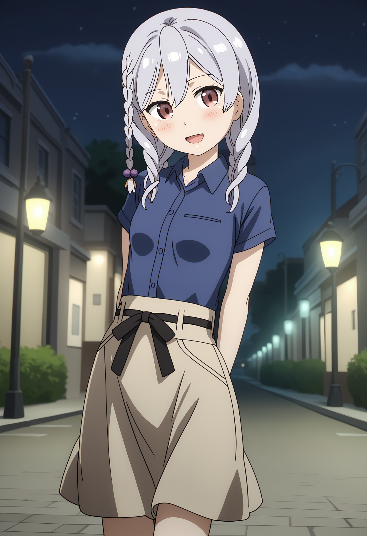 anime screencap,
<lora:OneRoom_AmatsukiMashiroXL:0.9>,
1girl, solo, open mouth, light smile, head tilt, blush,
long hair, grey hair, single braid, hair beads, multicolored eyes, hair between eyes,
MashiroCasual, collared shirt, blue shirt, short sleeves, black belt, black ribbon, brown skirt,
cowboy shot, arms behind back, standing, looking at viewer,
outdoors, night, dark, street, street lamp