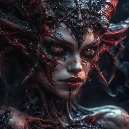 visiosomni professional studio portrait, close-up of demon girl, dark background, high details<lora:visiosomni:1>