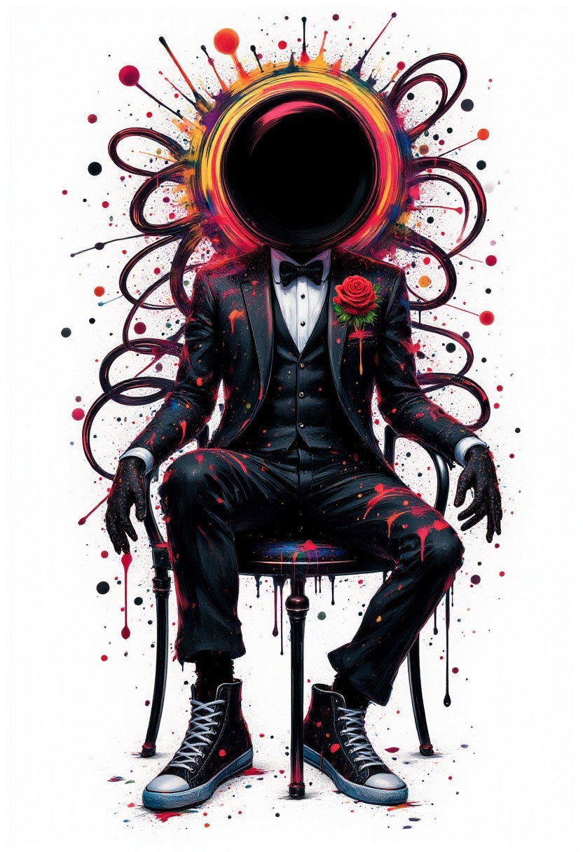 cinna flow, rainbow ink splats, monochrome, demonic figure with a round black void head, with rainbow-hued tentacles reaching out in all directions. There is no face, only a swirling vortex in the middle. Wearing a tuxedo with a dripping red rose pinned to it. Casually posed with one foot propped on a chair. Wearing black and blue hightop sneakers. Very detailed, vibrant colors