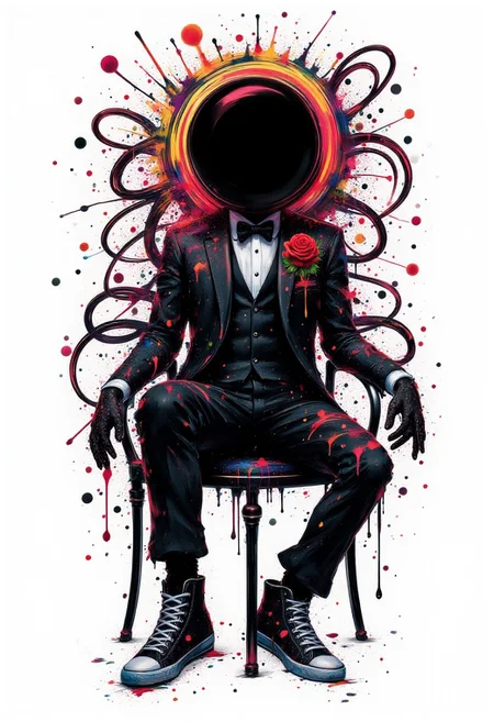 cinna flow, rainbow ink splats, monochrome, demonic figure with a round black void head, with rainbow-hued tentacles reaching out in all directions. There is no face, only a swirling vortex in the middle. Wearing a tuxedo with a dripping red rose pinned to it. Casually posed with one foot propped on a chair. Wearing black and blue hightop sneakers. Very detailed, vibrant colors