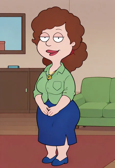 score_9, score_8_up, score_7_up, score_6_up, high quality, rounded eyes, style parody, cartoon style, 1girl, solo, living room, couch, indoors,
BREAK
unnamed girl, brown hair, black eyes, (mature female:1.5), (plump:1.2), large breasts, gigantic ass, gigantic hips, green sweater, rolled up sleeves, blue skirt, navy blue shoes, own hand together, smile, looking at viewer, long skirt, half-closed eyes, necklace,