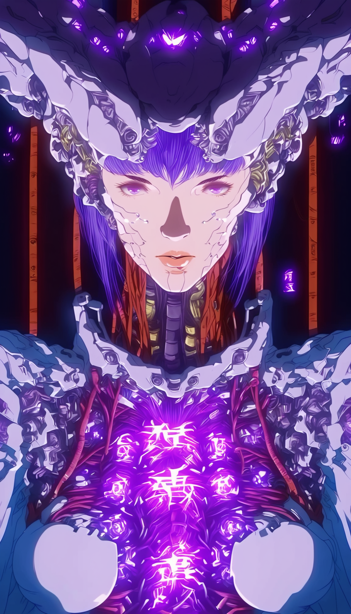 1girl, solo, looking at viewer, science fiction, straight-on, purple hair, mechanical parts, head gear, horns, breasts, short hair, upper body, cable, cyborg, lips, purple eyes, kanji